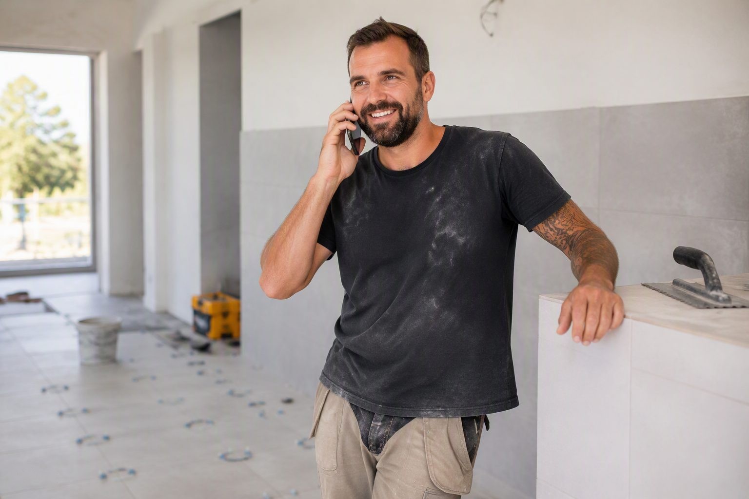 Tiler taking a call on a tidy construction site