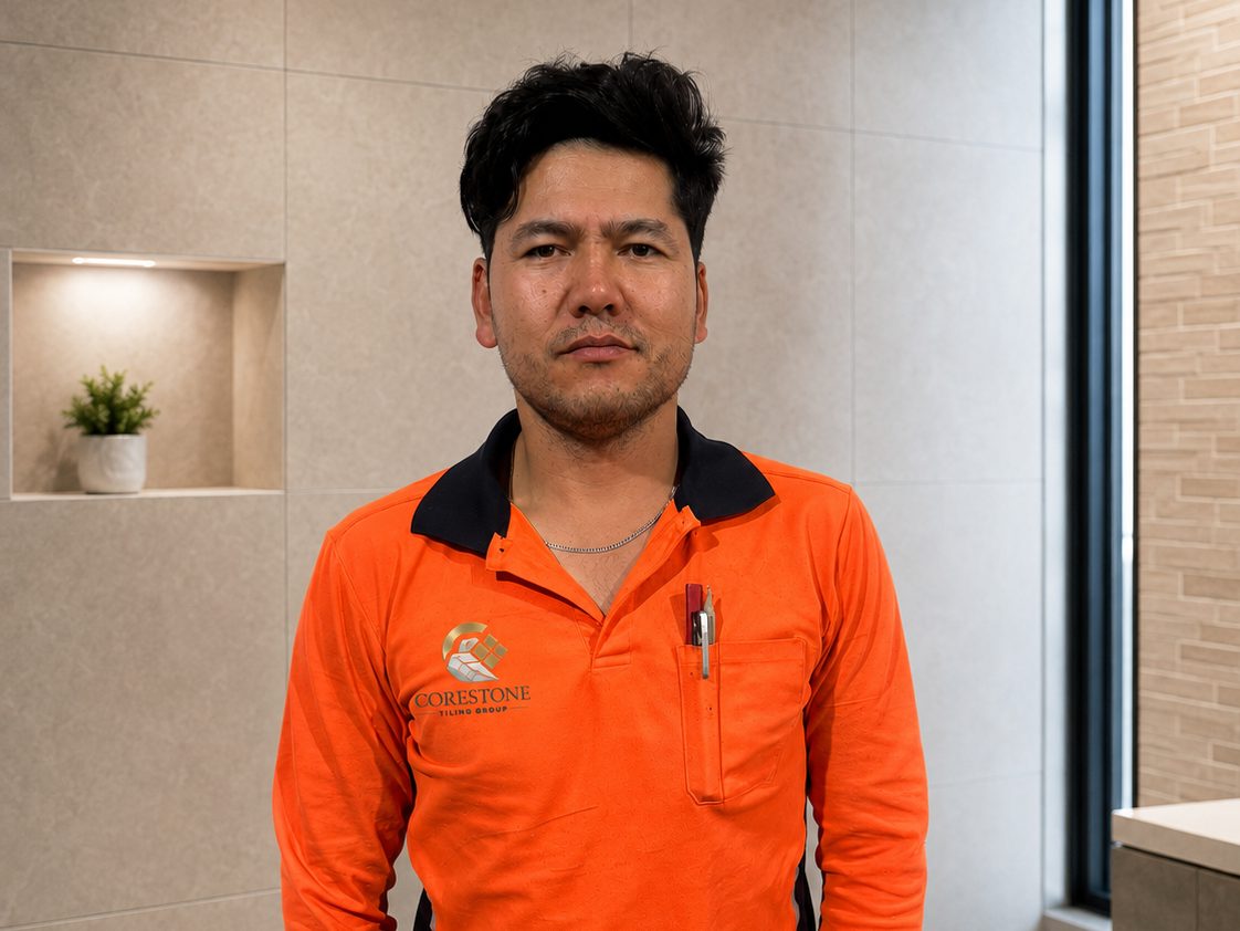 Portrait of Mohammad Jafari, Co-Director of CoreStone Tiling Group, on site.