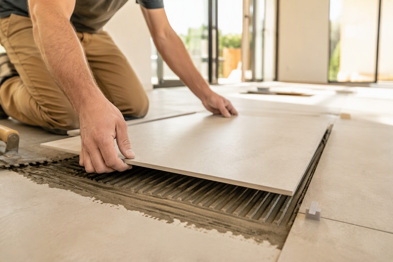 Tiler laying a large-format floor tile in a bright interior
