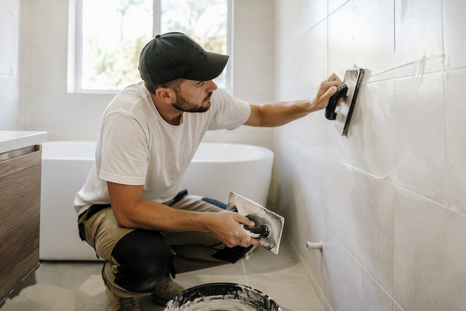 Ceramic wall tiles being laid in a bright bathroom