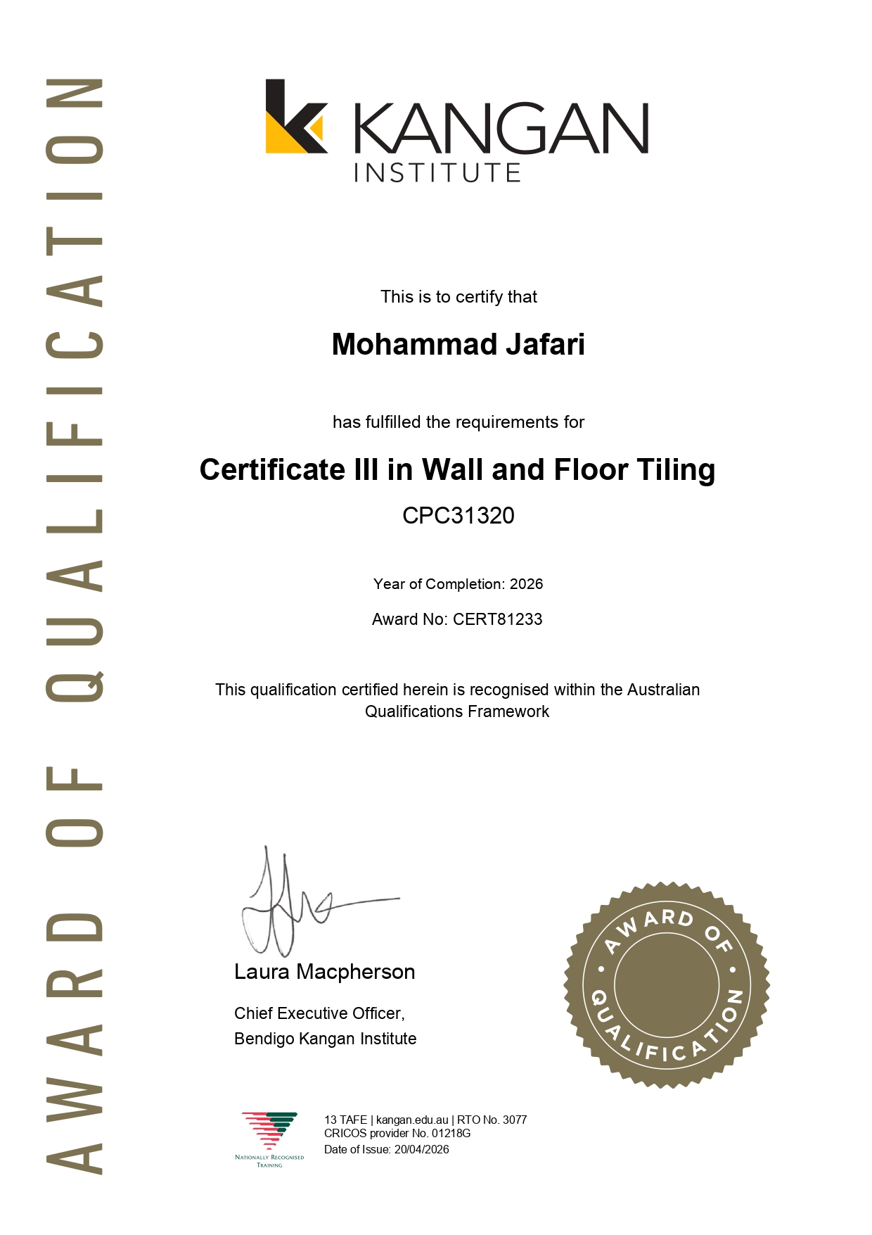 Certificate III in Wall and Floor Tiling